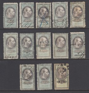 Austria, Bft 182-193 used. 1875 revenues, 13 different green & black Franz Josef