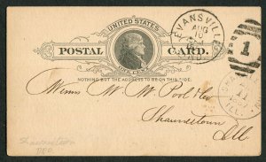 1887 Evansville IN to Shawneetown IL Postal Card Old National Bank M.M. Pool UX9