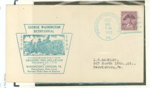 US 708 1932 3c General George Washington Bicentennial single on cover, Commemorating his December 25, 1776 Crossing Delaware Riv