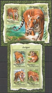 HM0908 2018 CENTRAL AFRICA TIGERS WILD CATS ANIMALS FAUNA #7605-8+BL1722 MNH