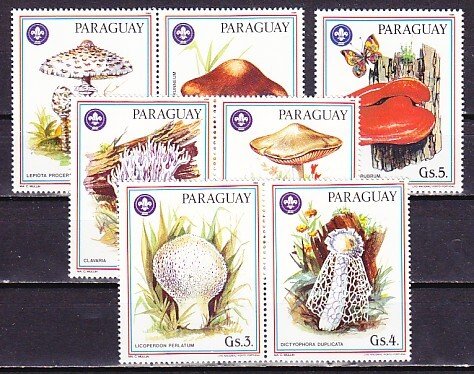 Paraguay, Scott cat. 2166 a-f, 2167. Mushrooms with Scout Logo issue. ^