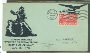 US 644 1927 2c Battle of Oriskany (single) on an addressed event cover with cachet General Herkimer wounded directing troops w