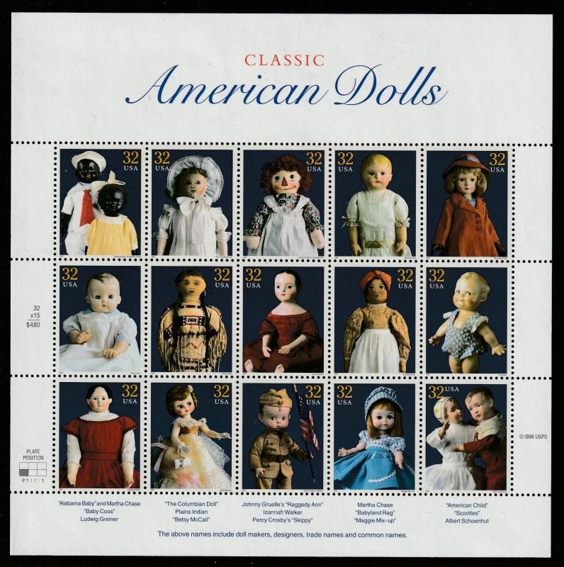 US Sheet of 15, Scott# 3151, MNH, Dolls, doll makers, designs, trade names