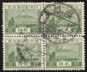 JAPAN  1926 Sc 194 Used Block of 4, VF, 2 sen green Mt Fuji regular issue