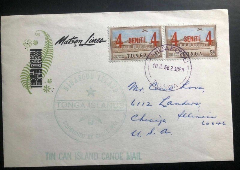 1968 Niuafoou Tonga Toga Tin Can Canoe Mail Cover To Chicago IL Usa Matson Line