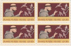 1982 St. Francis of Assisi Block of 4 20c Postage Stamps, Sc#2023, MNH, OG