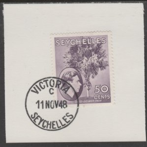 SEYCHELLES 1938 KG6  50c violet  on piece with MADAME JOSEPH  POSTMARK