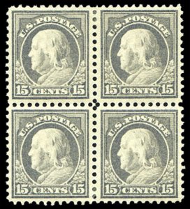 United States, 1910-30 #514 Cat$150, 1917-19 15c gray, block of four, hinged