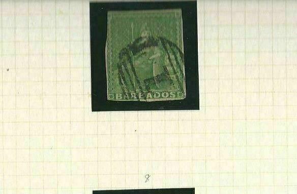 BARBADOS  SG7 IMPERF YELLOW GREEN 1857  USED CAT £ 125+