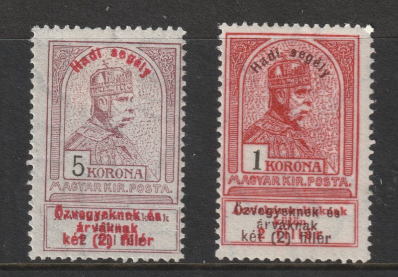 Hungary the 1k & 5k from the overprinted 1914 War Charity set MH