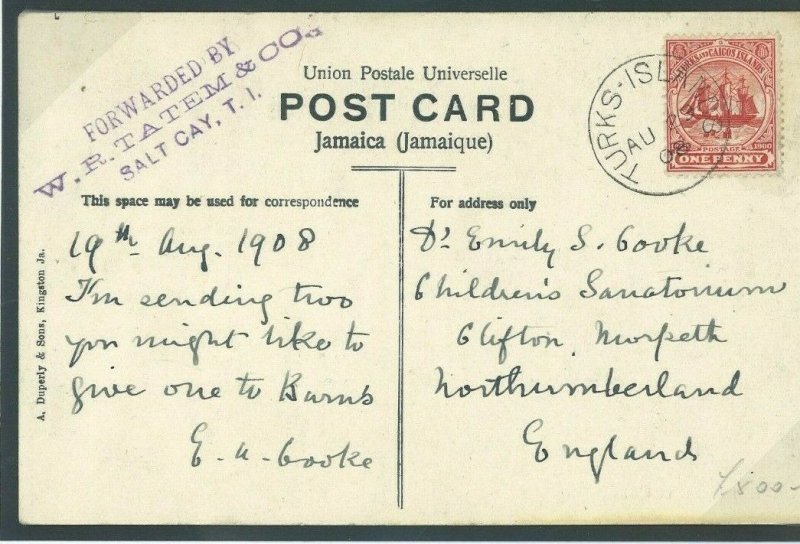 TURKS & CAICOS Card FORWARDING AGENT VIOLET CACHET Maritime GB Northum 1908 M11d