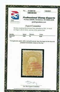 1861 US Stamp #67 5c Used F/VF Red Grid Cancel Catalogue Value $875 Cert sm flts