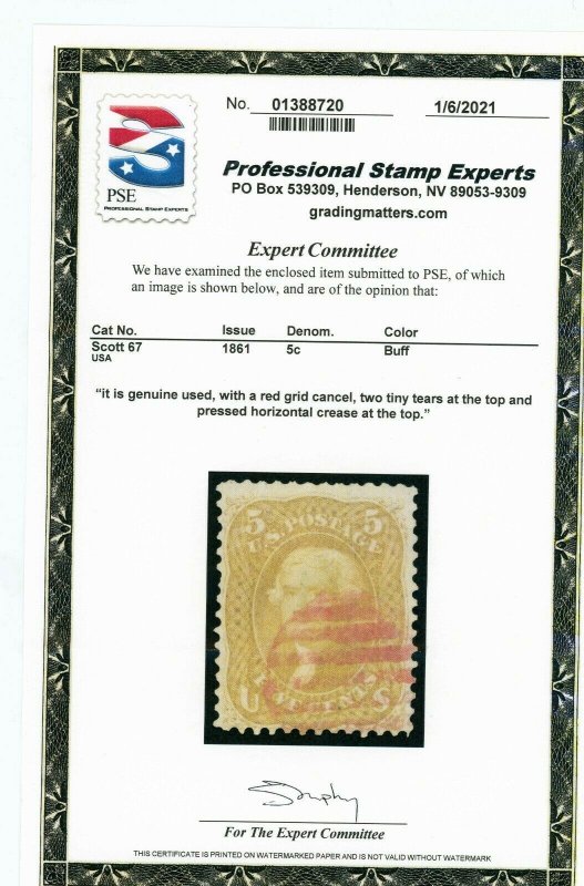 1861 US Stamp #67 5c Used F/VF Red Grid Cancel Catalogue Value $875 Cert sm flts