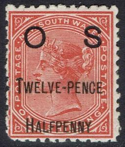 NEW SOUTH WALES 1891 QV OS TWELVE PENCE HALFPENNY ON 1/- 