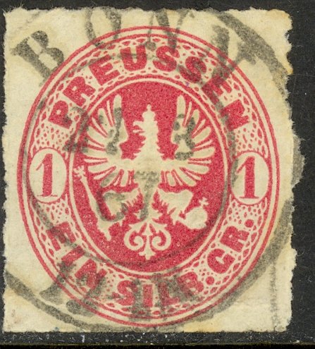 PRUSSIA  / GERMAN STATES 1861 1sg ARMS Sc 17 w BONN Sock on the Nose Cxl Creased