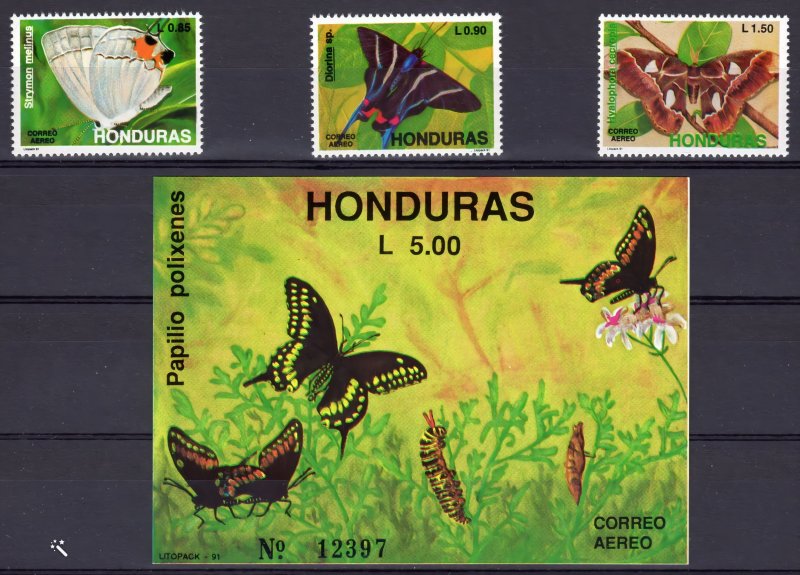 Honduras 1991 Sc#C809/C812 Butterflies and Moths Set (3) + 1 Souvenir Sheet MNH