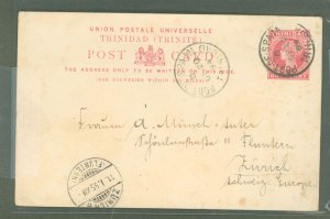 Trinidad  1894 1c QV postal card, light foxing front and back, long message