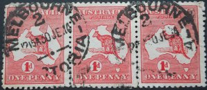 Australia 1913 Kangaroo One Penny strip with MELBOURNE Code 2 postmark