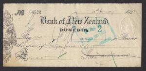 NEW ZEALAND 1923 OVAL 2d EMBOSSED REVENUE on BANK CHEQUE