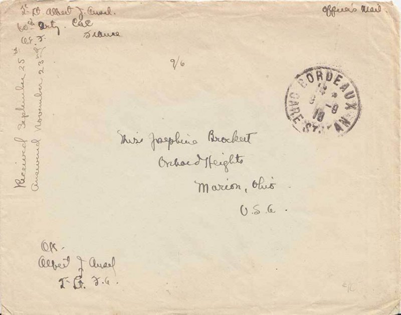 United States A.E.F. World War I Soldier's Free Mail 1918 Bordeaux, Gare St. ...