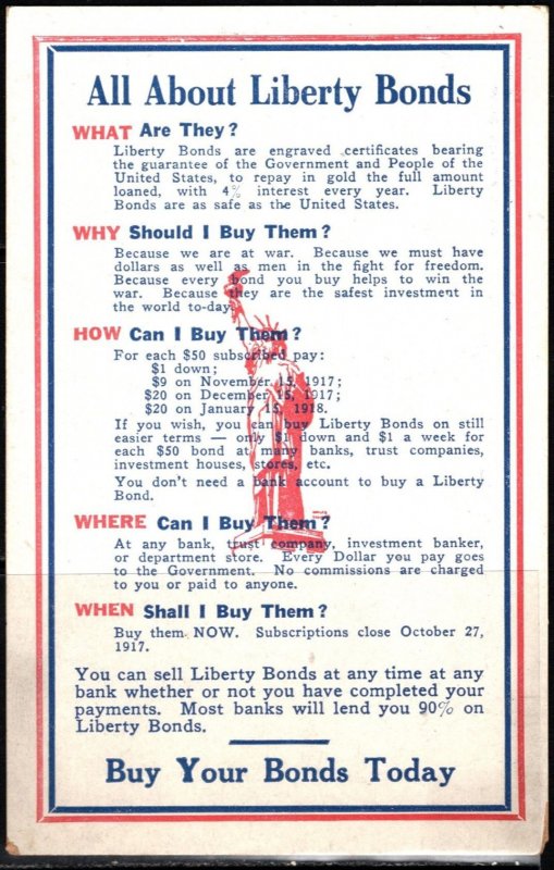 1917 US WW I Patriotic Postcard All About Liberty Bonds