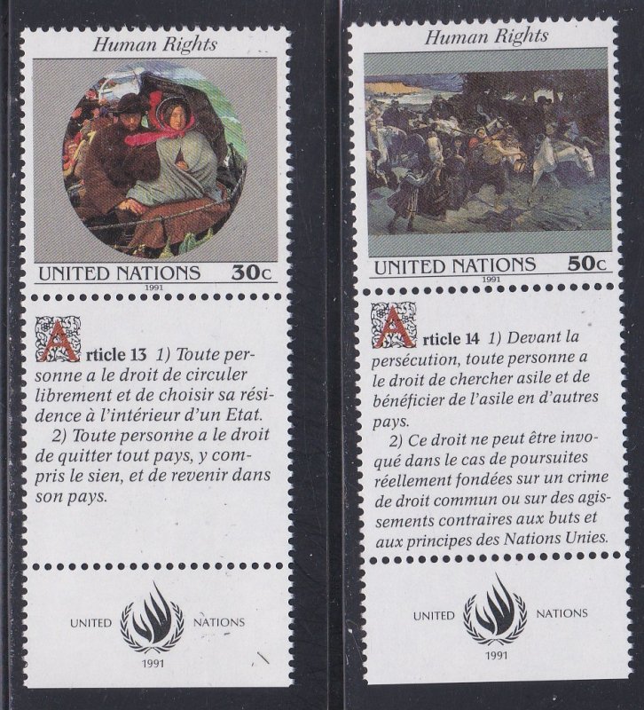 United Nations - New York # 599-600, Human Rights with Labels, NH, 1/2 Cat.