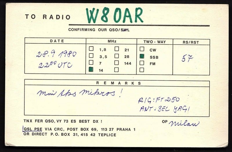 QSL QSO RADIO CARD OK1KPU,1980,Czechoslovakia, (Q2188)