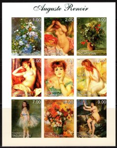 Tadjikistan 1999 AUGUSTE RENOIR Nudes Paintings Sheetlet (9) IMPERFORATED MNH