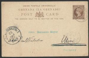 GRENADA 1908 QV 1½d postcard used to Germany...............................51440