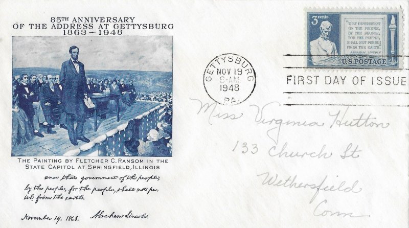 1948 FDC, #978, 3c Gettysburg Address, Fulton Stamp Co.