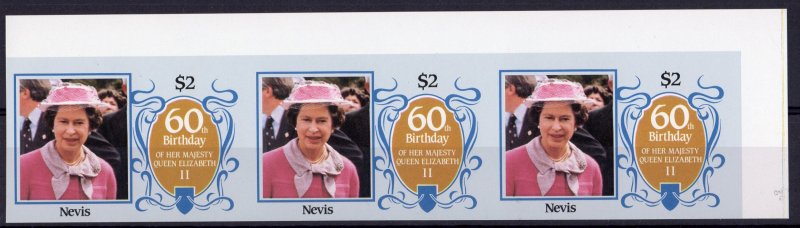 Nevis 1986 Sc#472/475 QUEEN ELIZABETH II 60th.STRIP OF 3 IMPERFORATED MNH