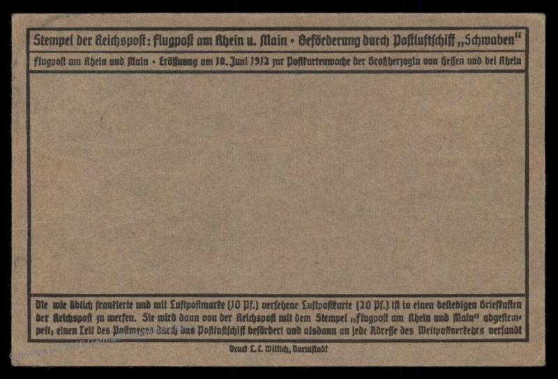 Germany 1912 Zeppelin Schwaben Si10.1.16 Darmstadt Airmail Cover Flugpost 89368