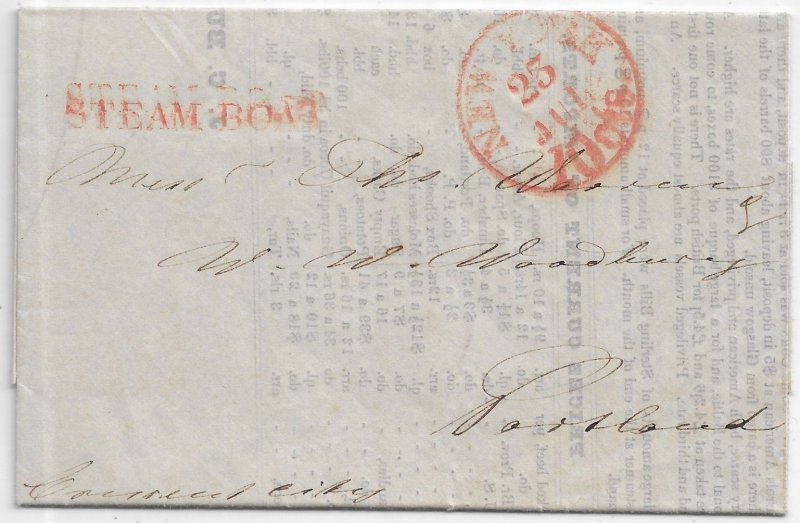 Stampless Folded Letter 1848 Havana to Portland, Me New York Steamboat (60697)
