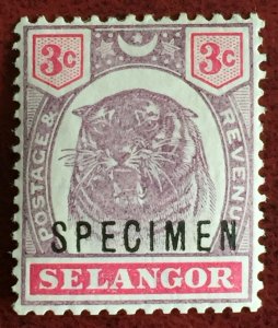 MALAYA SELANGOR 1895-99 SPECIMEN opt 3c Tiger SG#54s M3423