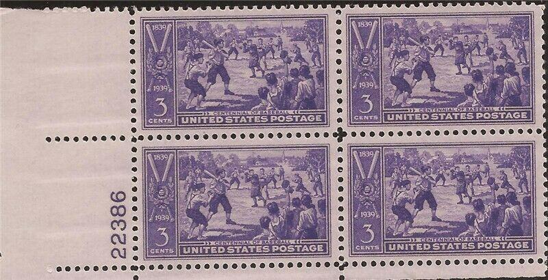 US Stamp 1939 Baseball Centennial Plate Block of 4 Stamps MNH #855