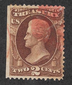 O73 Used, 2c. Treasury,  Red Cancel,   Free Insured Shipping,