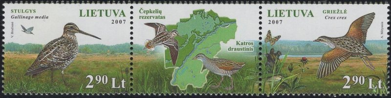 Lithuania 2007 MNH Sc 848 Pair with label 2.90 l Snipe, Corn crake Joint Belarus