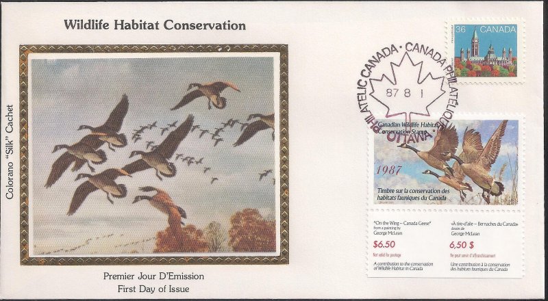 Colorano Silk Cachet FDC for 1987 Canadian Wildlife Habitat Conservation Stamp
