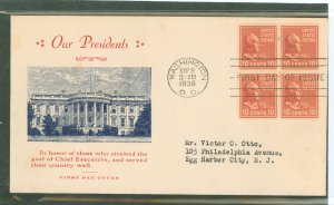 US 815 1938 10c John Tyler (part of the presidential/prexy series) block of four, on an addressed first day cover with an unknow