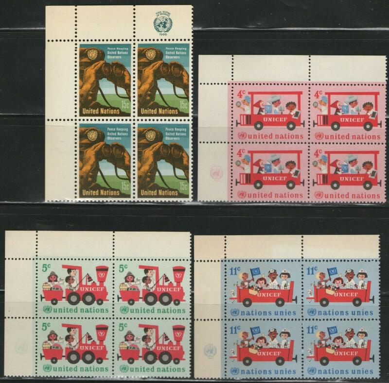 UN NY MNH Scott # 160-163 UNICEF & Peacekeeping Inscription Blocks (16 Stamps)-1