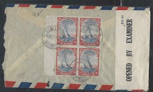 BERMUDA  COVER (P1211B) 1945 COVER KGVI 2D BOAT BL OF 4 CENSOR A/M TO USA 