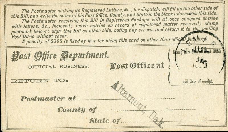 US REGISTRY BILL ALTAMONT, DAKOTA TERRITORY 7/3/83 TO LE MANS, IA 7/11 RARE