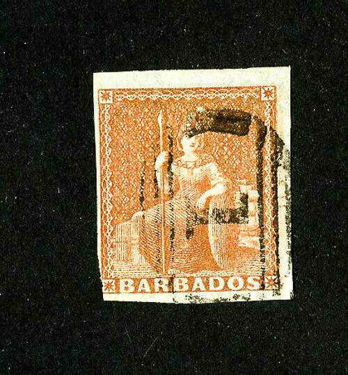 Barbados Stamps # 4 VF used 1 cancel Scott Value $325.00