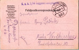 Austria Soldier's Free Mail 1916 K.u.k. Feldpostamt 403 Feldpostcard to Mahr....