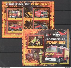 2012 Central Africa Special Transport Fire Trucks & Fighters Bl+Kb ** Ca851