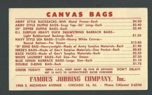 1957 Chicago IL Famous Jobbing Co Inc Sells Canvas Bags & Accessories W/Prices