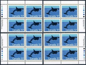 Canada 1173 4 corner blocks/4,MNH.Michel 1072. Killer whale,1988.