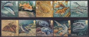 Sc# 3295 / 3304a GB fish 2014 complete set 2 strips of 5  CV $19.00