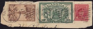 Canada - 1942,1943 - Scott #254,258,E10 - used on piece - KNOWLTON P.Q. pmk