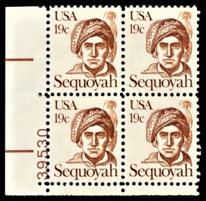 US 1859 MNH VF 19 Cent Sequoyah Cherokee Indian Overall Tagging Plate Block